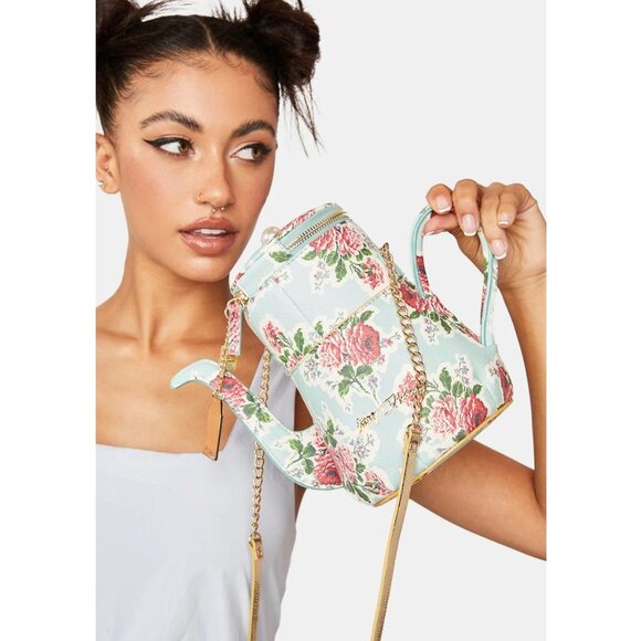RARE HTF NWT Betsy Johnson Kitsch Partea Teapot Crossbody Bag Light Blue Floral - Picture 4 of 12